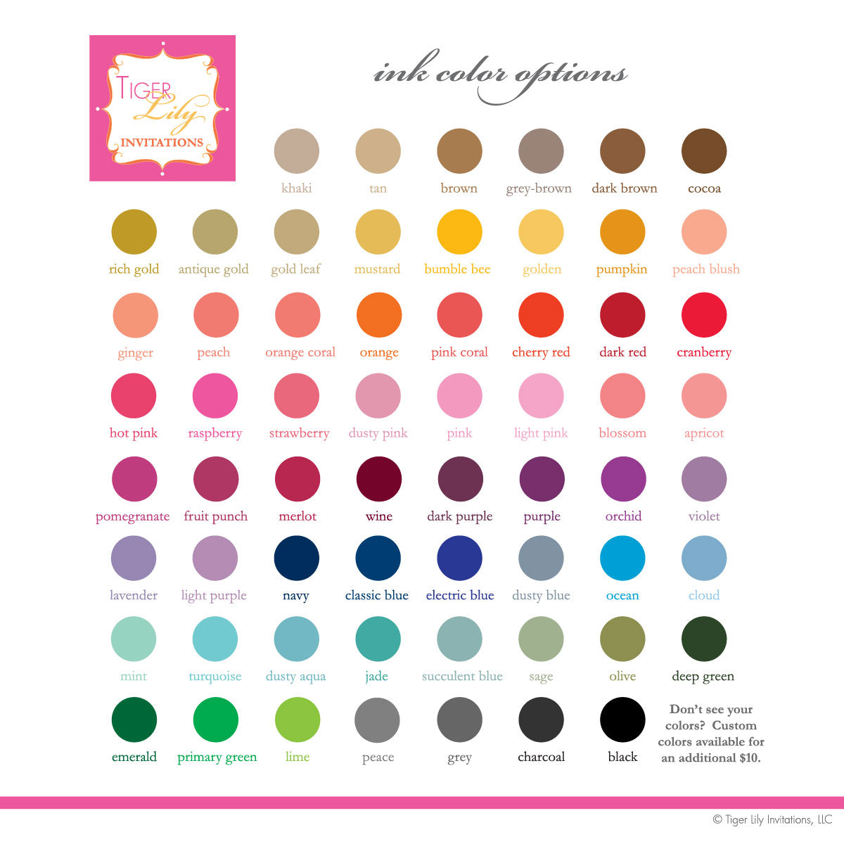 A color chart for displaying a range of ink colors available for customization, including shades of dusty blue, gray, gold leaf, and dusty pink
