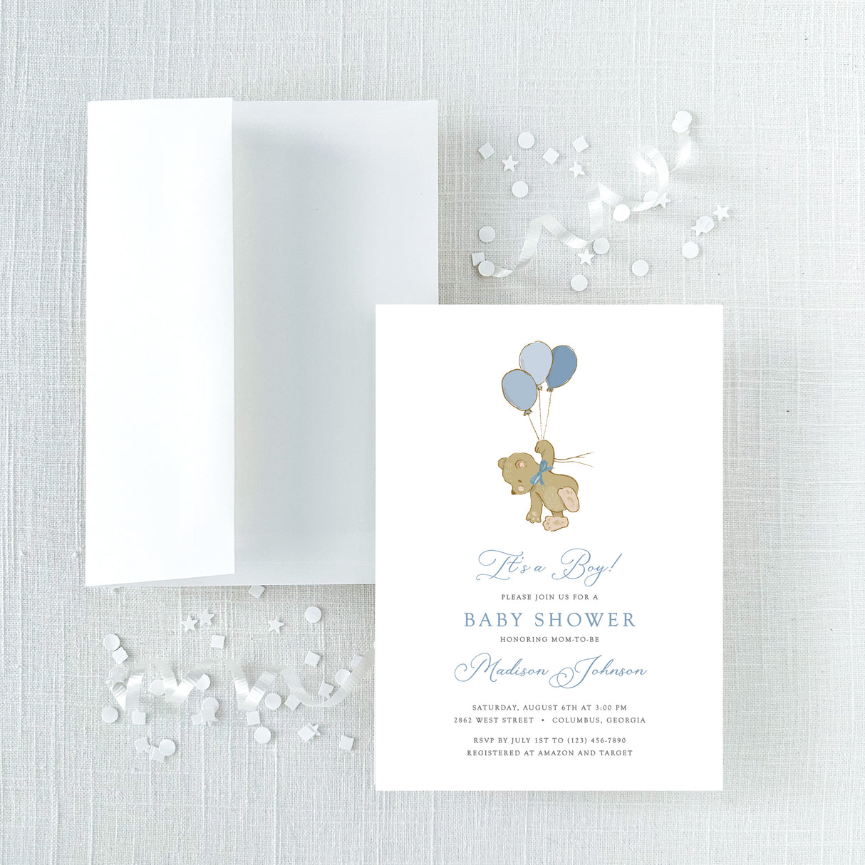 blue bear and balloons baby shower invitation and white envelope