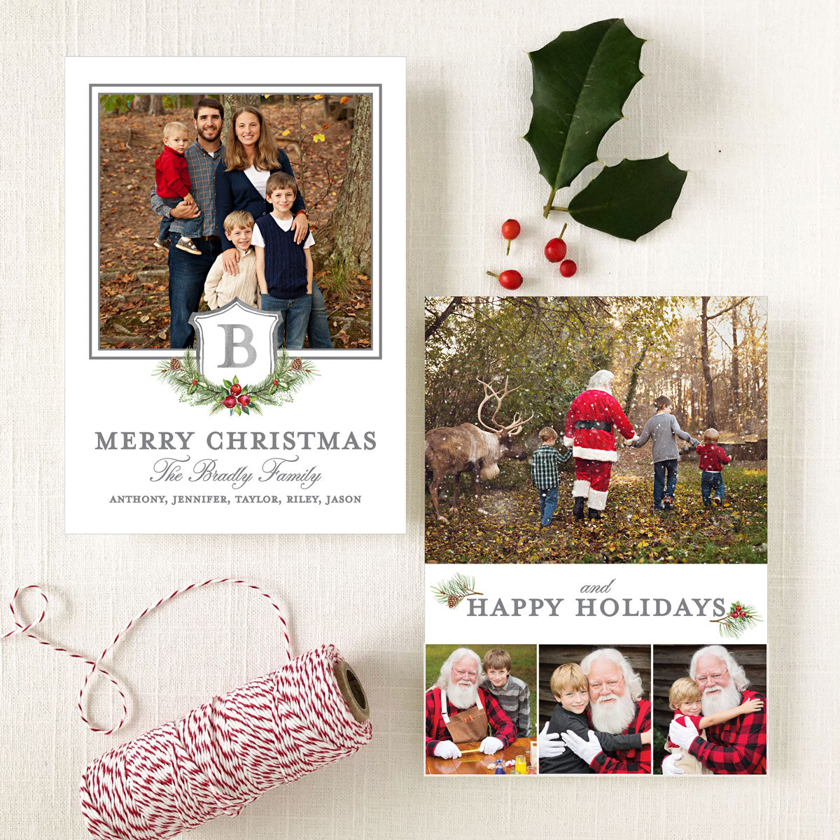 Christmas holiday cards with personalized photos on front and back of card featuring a gray monogrammed crest with holiday greenery printed on ultra white cardstock