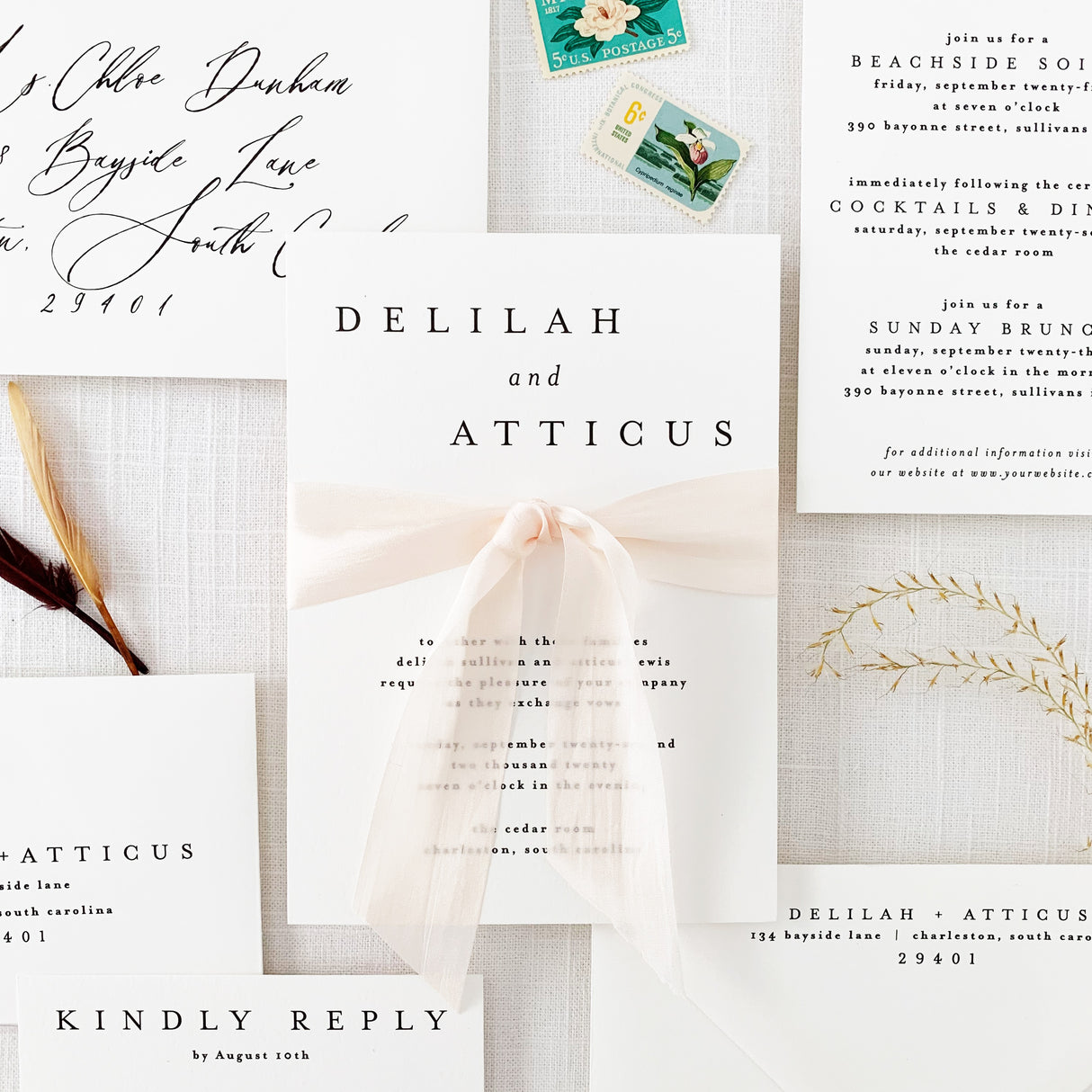 Modern and minimal wedding invitation with light pink silk ribbon