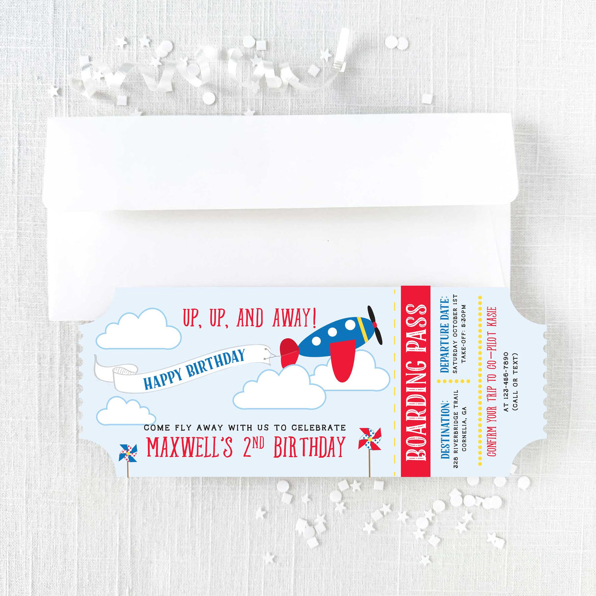 Children's birthday invitation with airplane design in red and blue