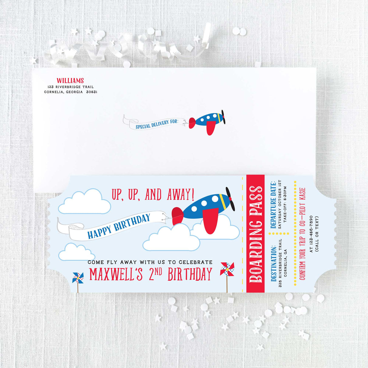 kid's birthday invitation with airplane design in blue and red colors