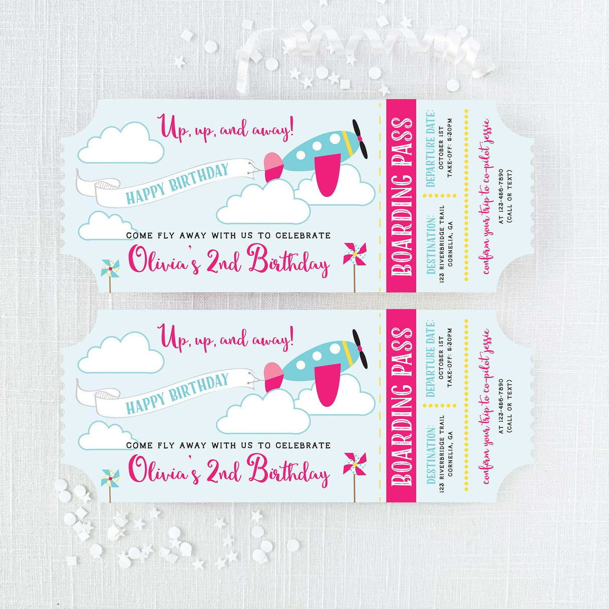 pink and turquoise ticket birthday invitations with airplane design