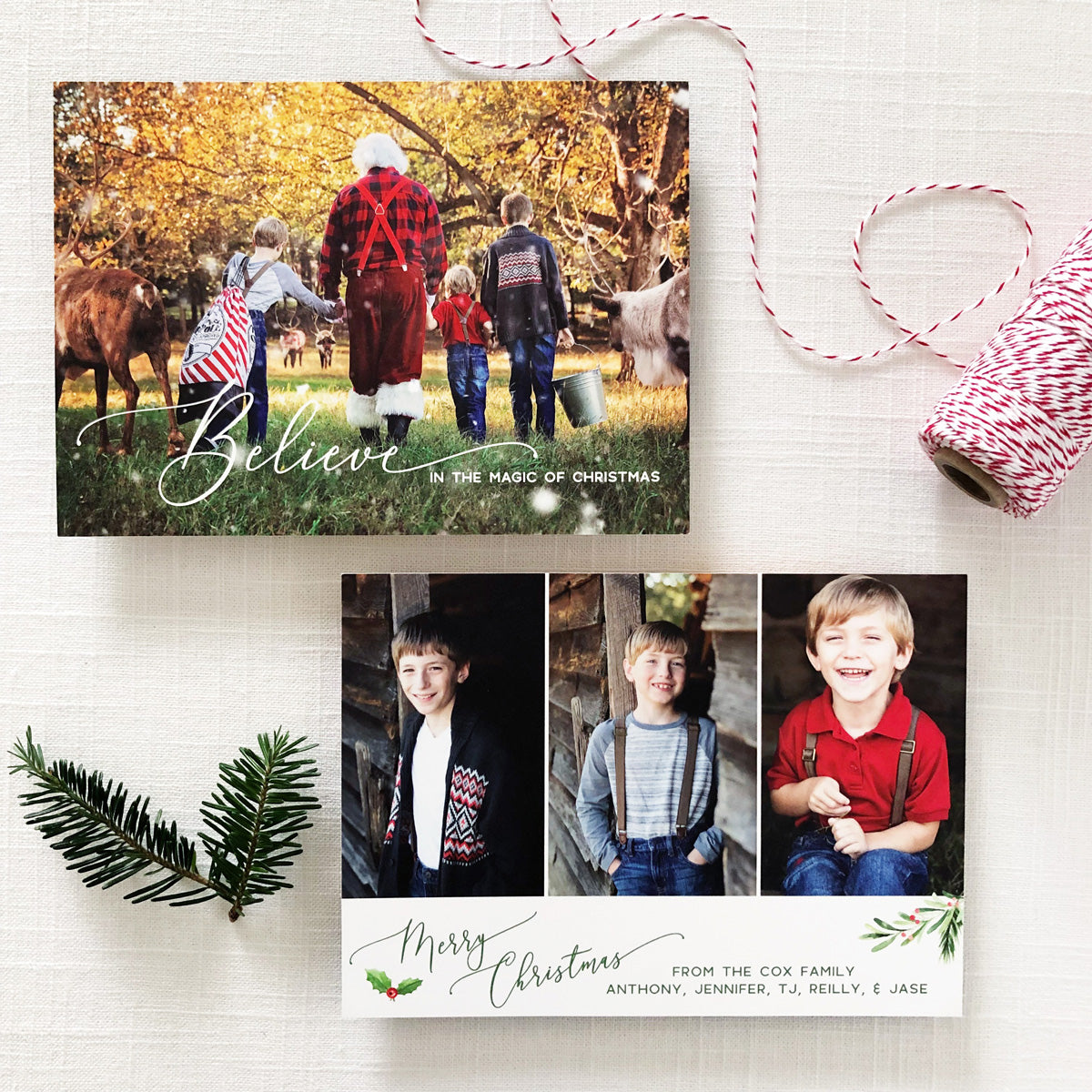 Christmas holiday photo card featuring believe in a script font and multiple photo options