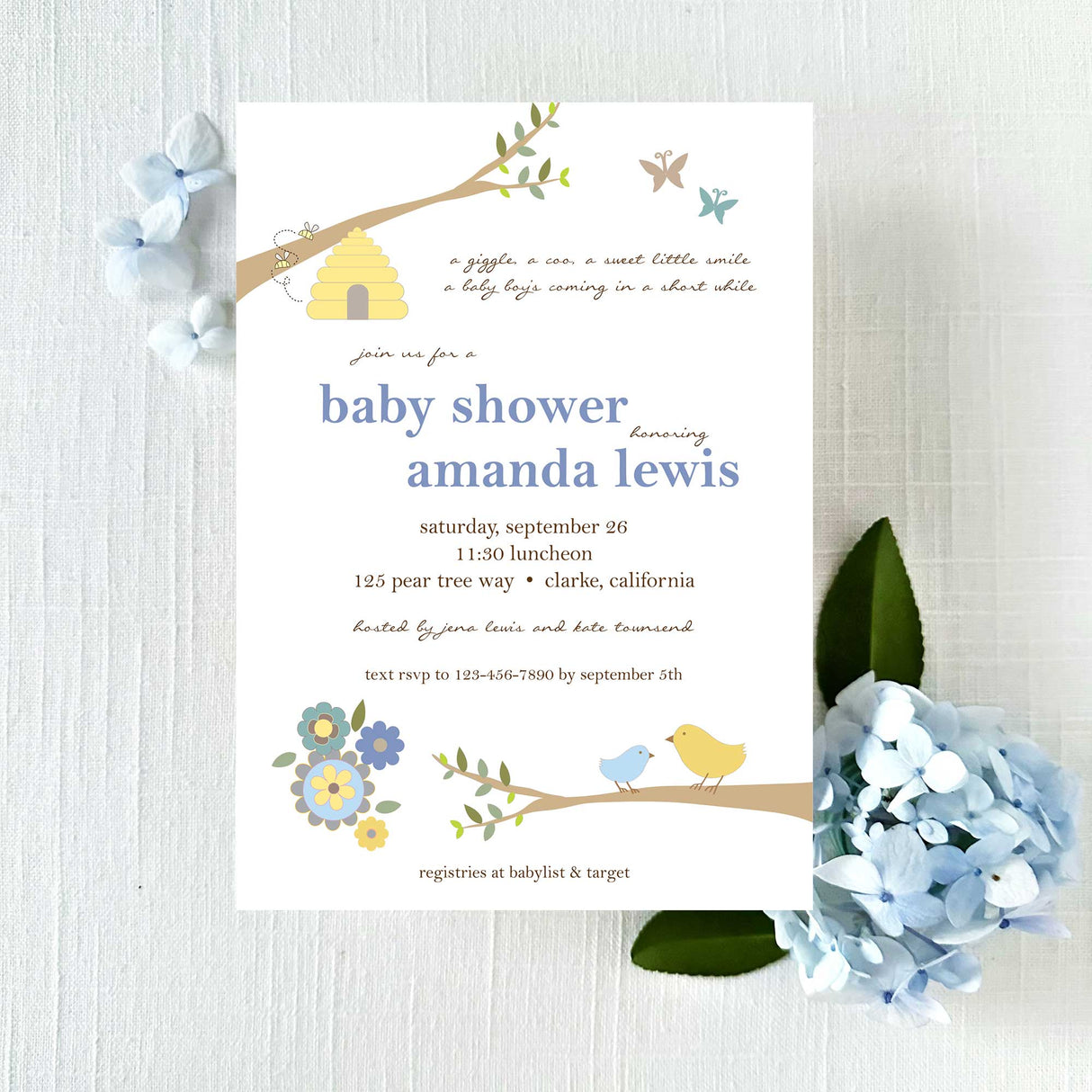 blue and brown baby shower invitation with birds and bees design