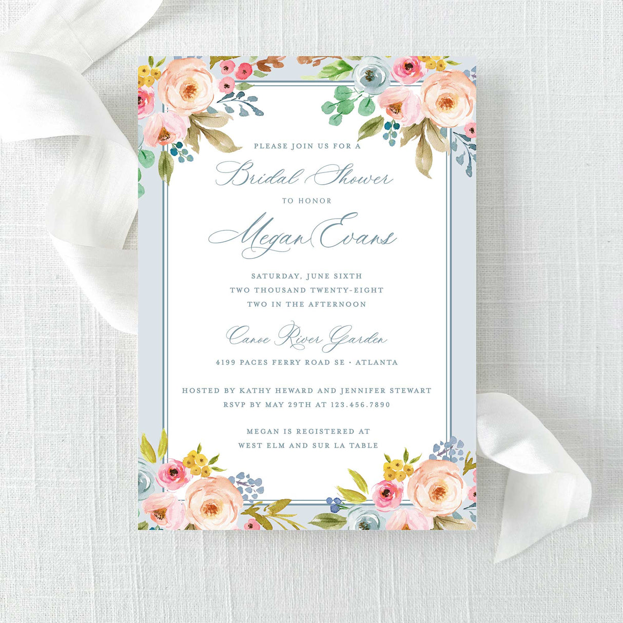 Blue Pastel Flower Bridal Shower Invitation