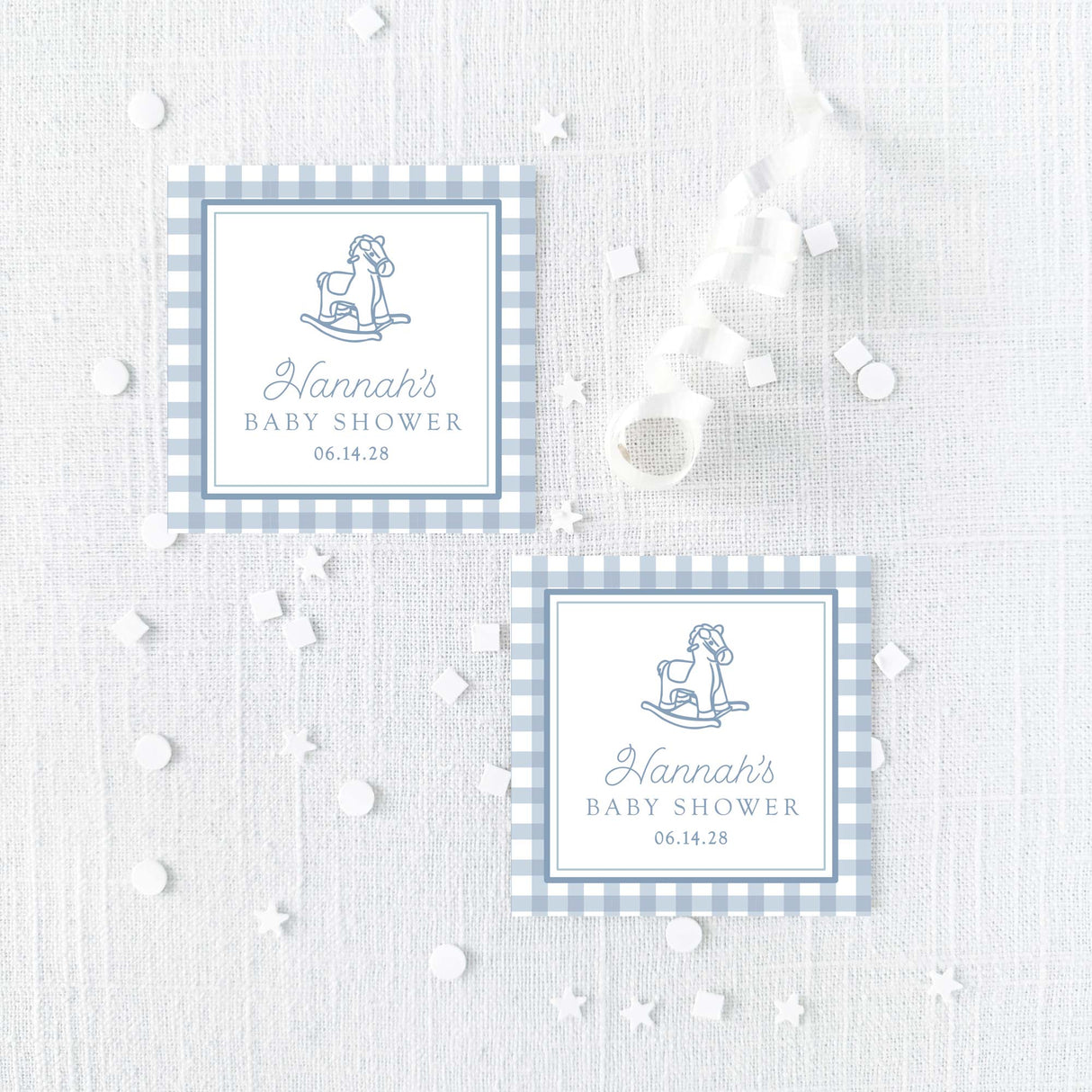 square baby shower favor stickers with blue gingham border and vintage rocking horse illustration