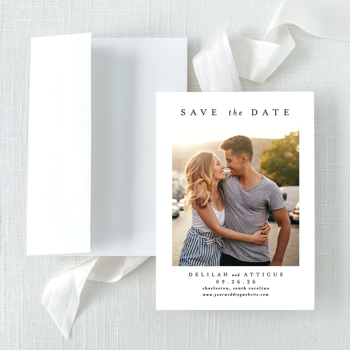 minimal photo save the date with white envelope