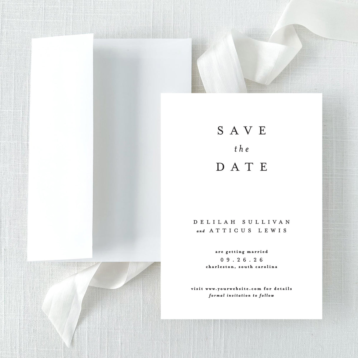black and white minimalist save the date card with classic block fonts with envelope featuring return addressing