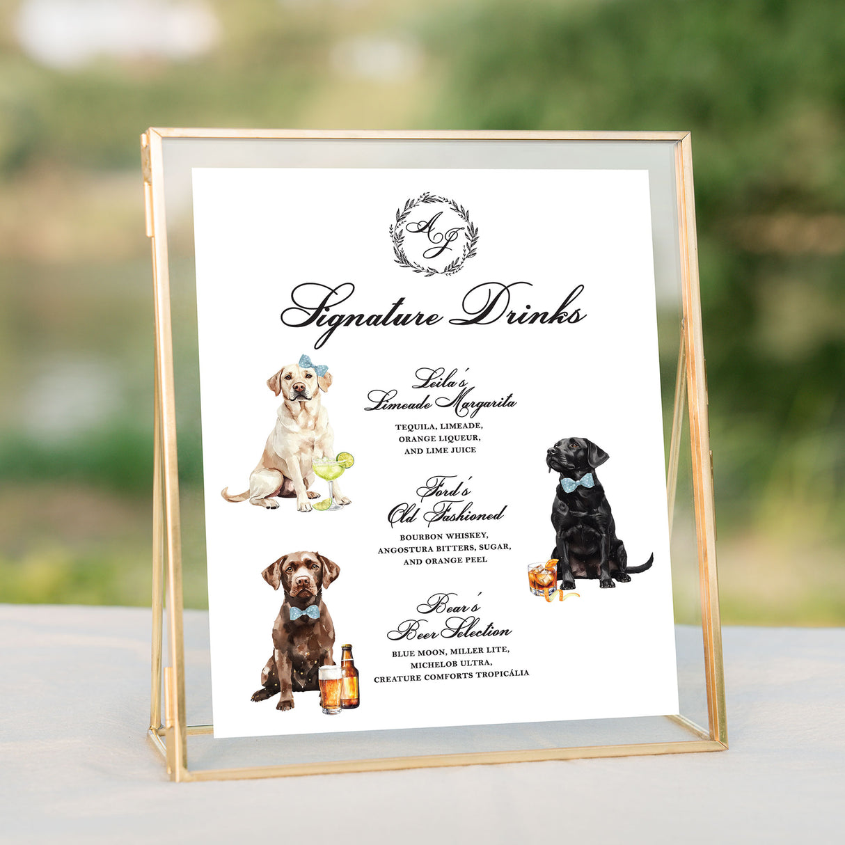 Signature drinks menu with watercolor dog illustrations