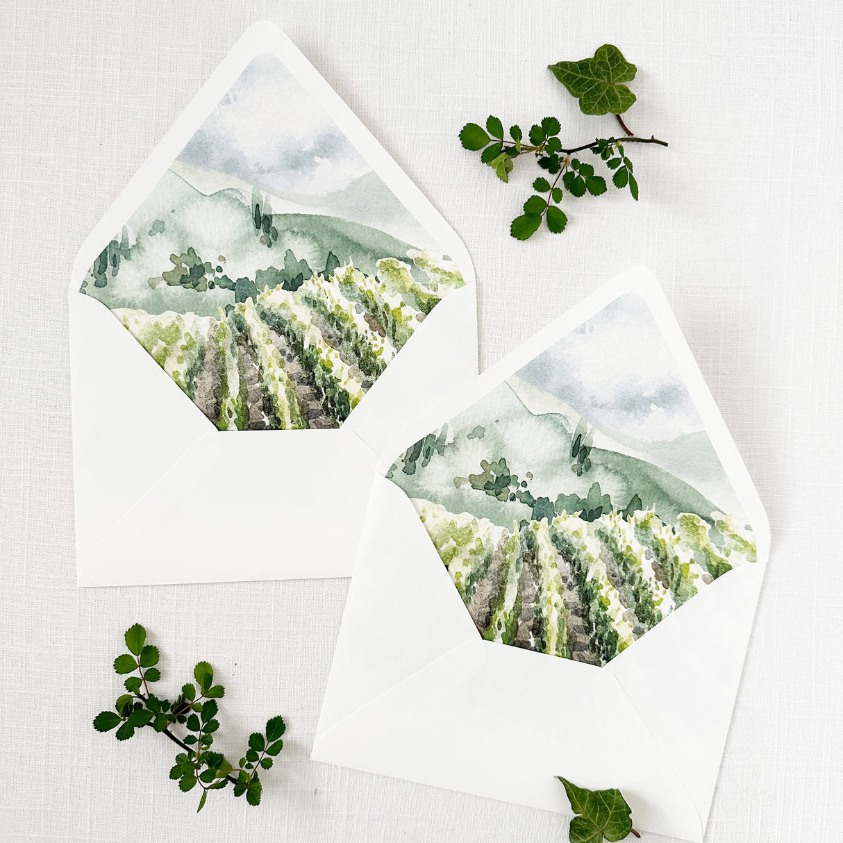 white wedding envelopes with watercolor vineyard design on envelope liner