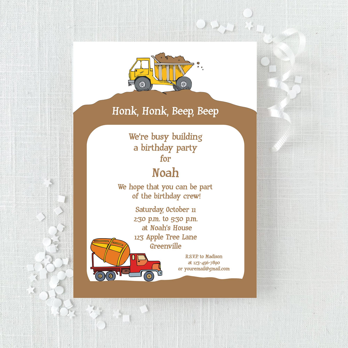 construction birthday invitation featuring illustrations of construction vehicles