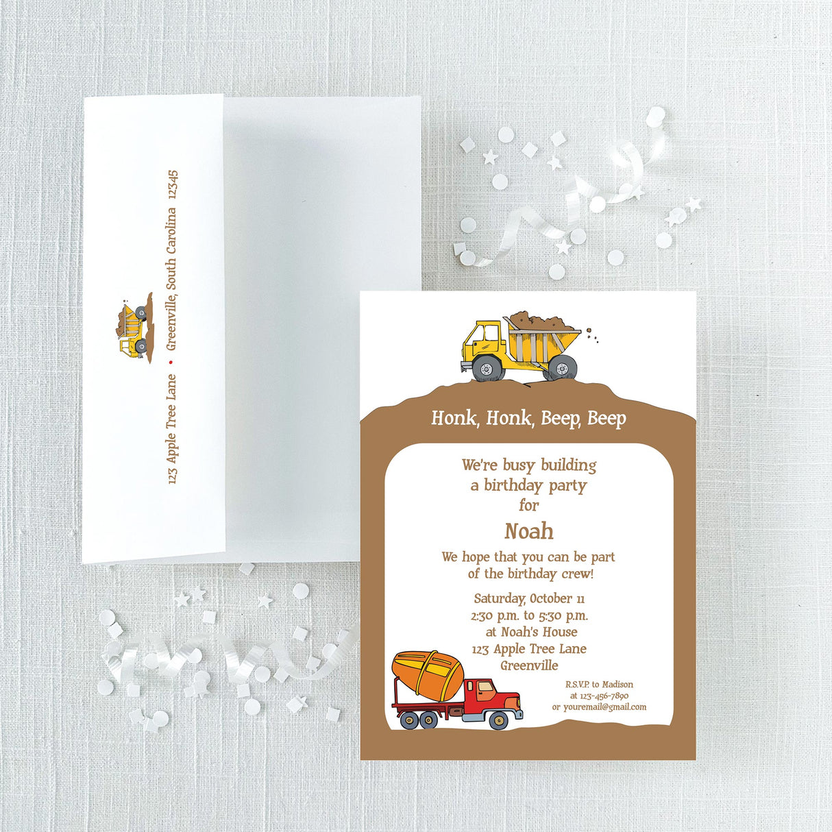 construction birthday invitation with envelope featuring return adress printing