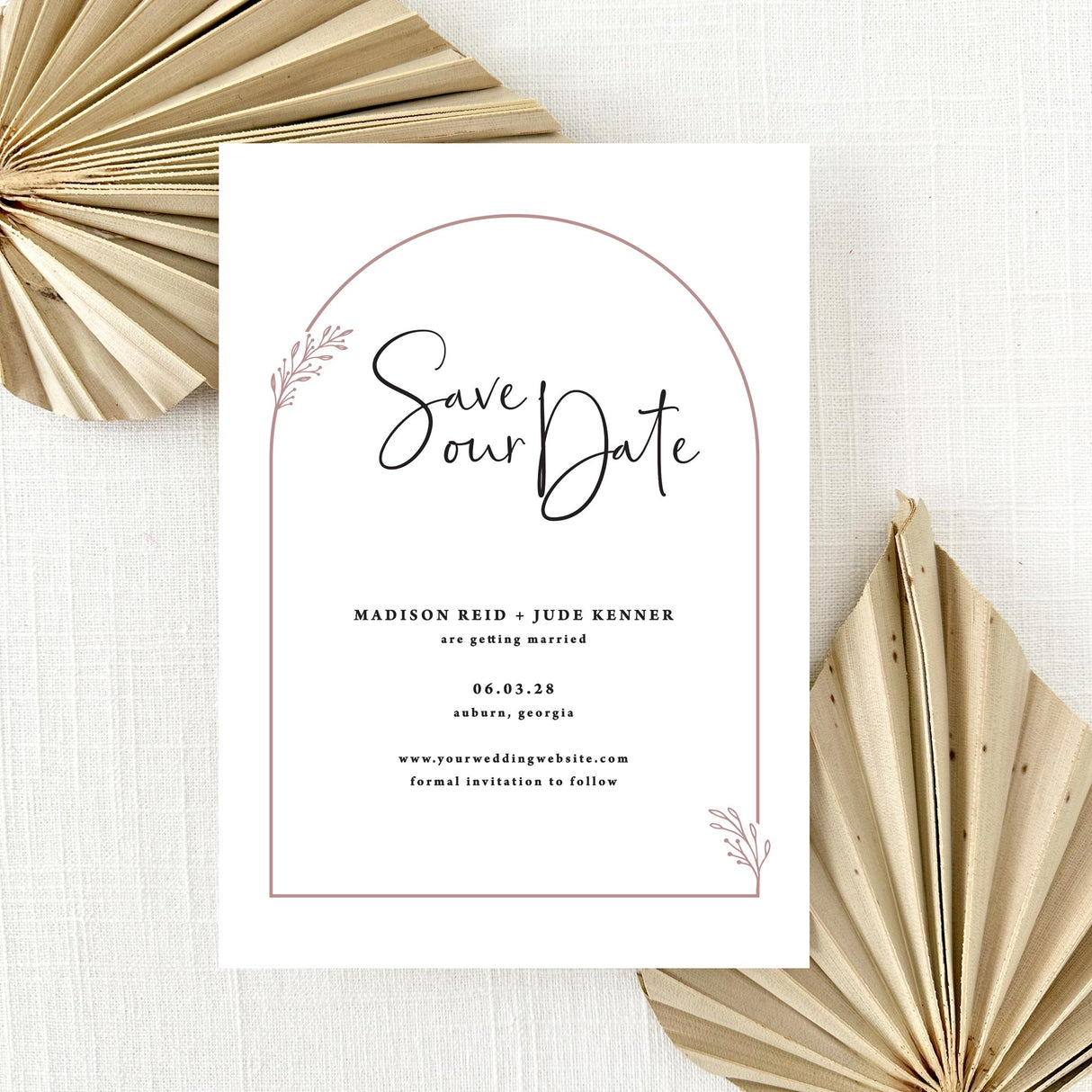 save the date card with dusty rose arch design