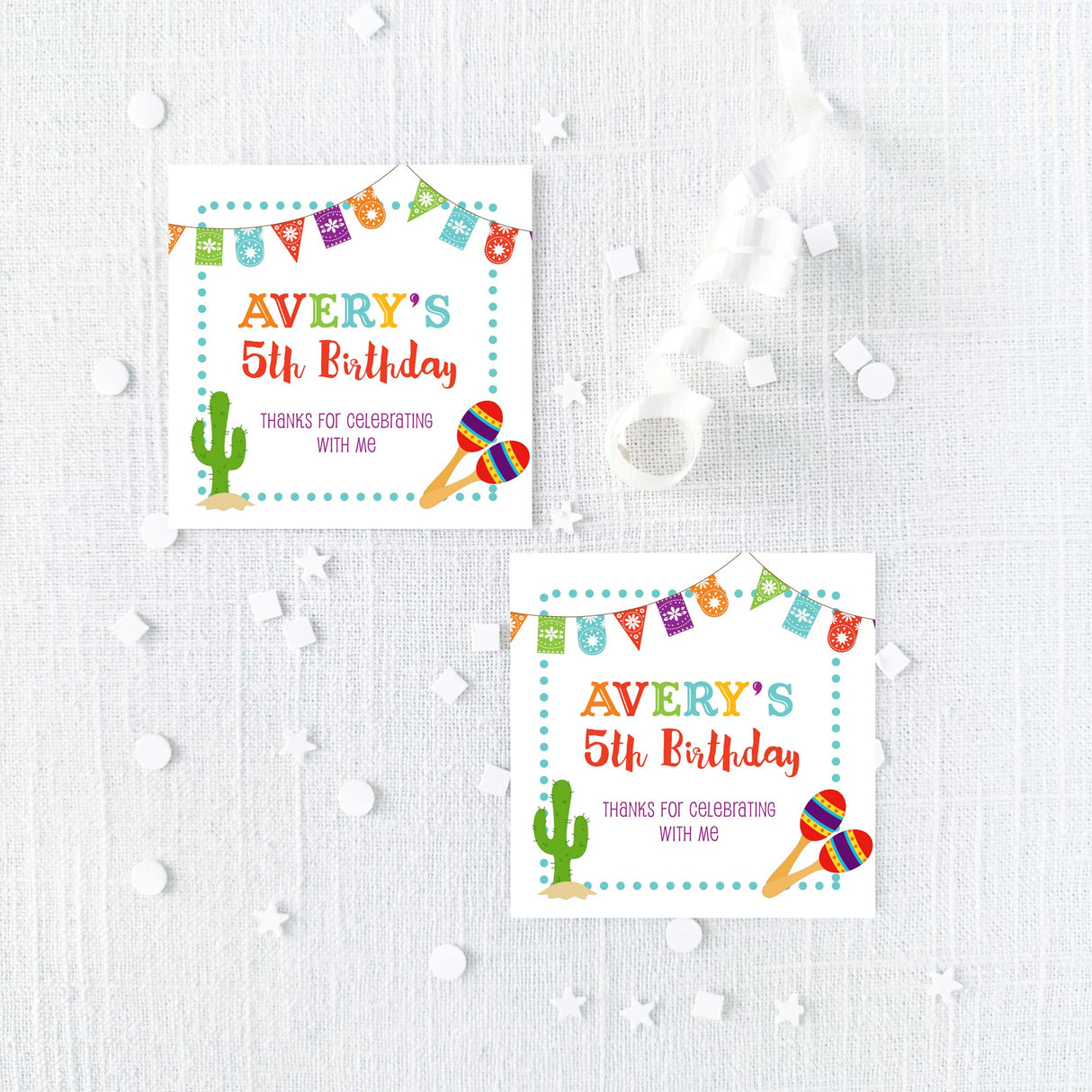 party fiesta stickers with colorful garland design, cactus, and maracas