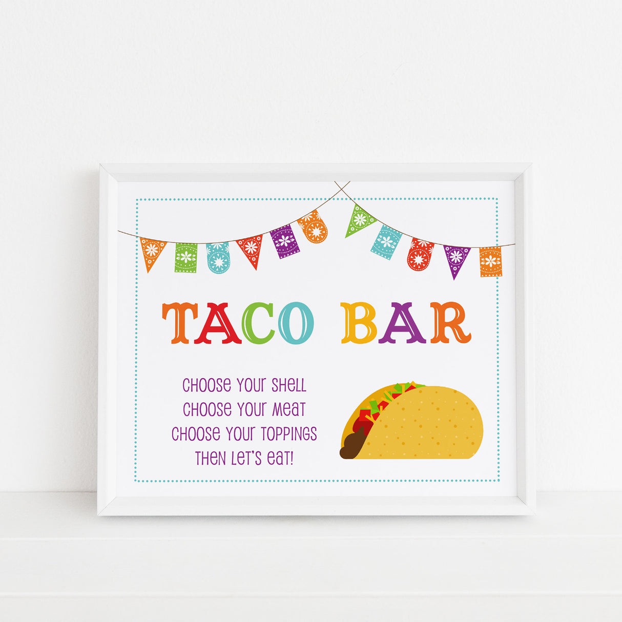 colorful taco bar sign with banner printed on white cardstock