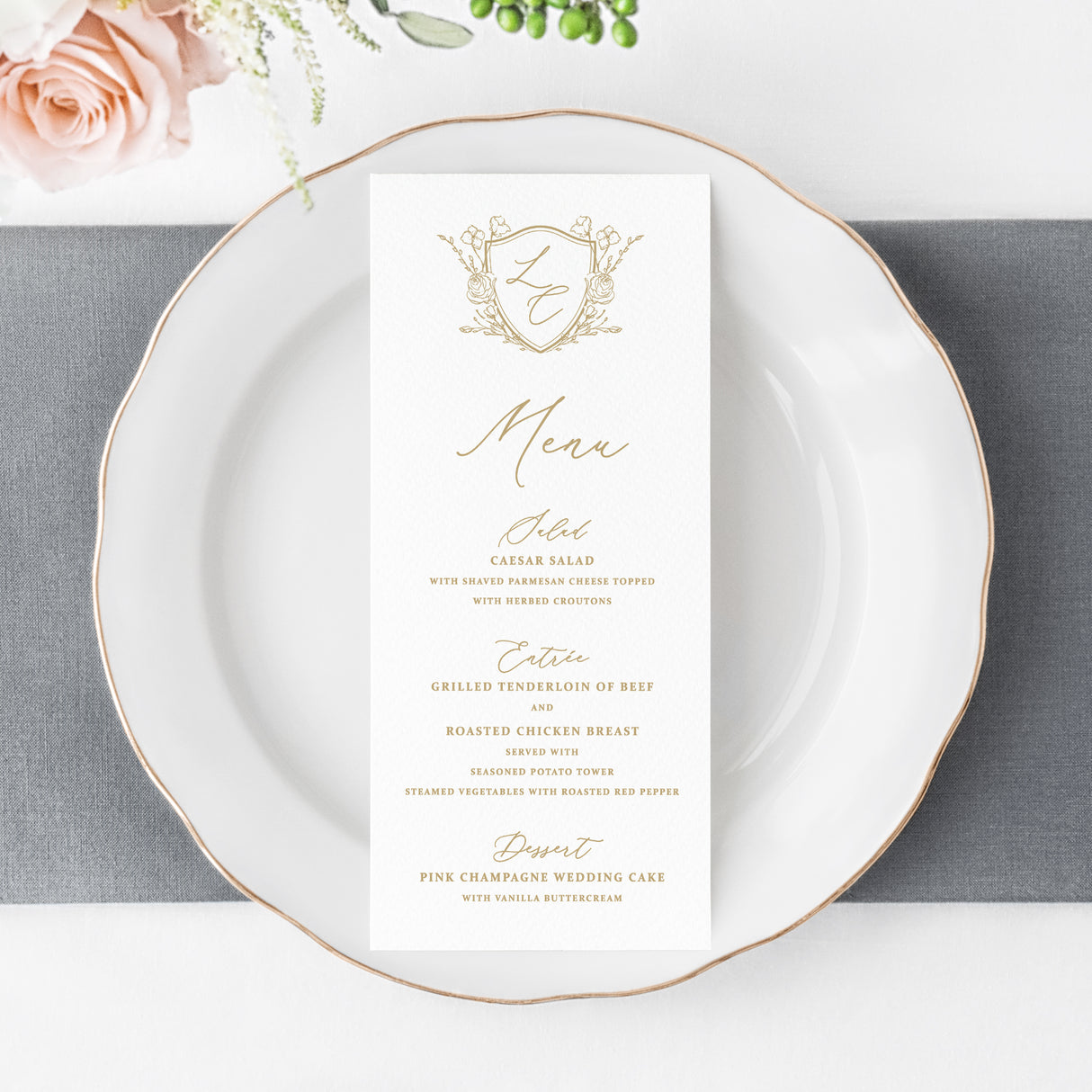 Gold Crest Wedding Menu Cards