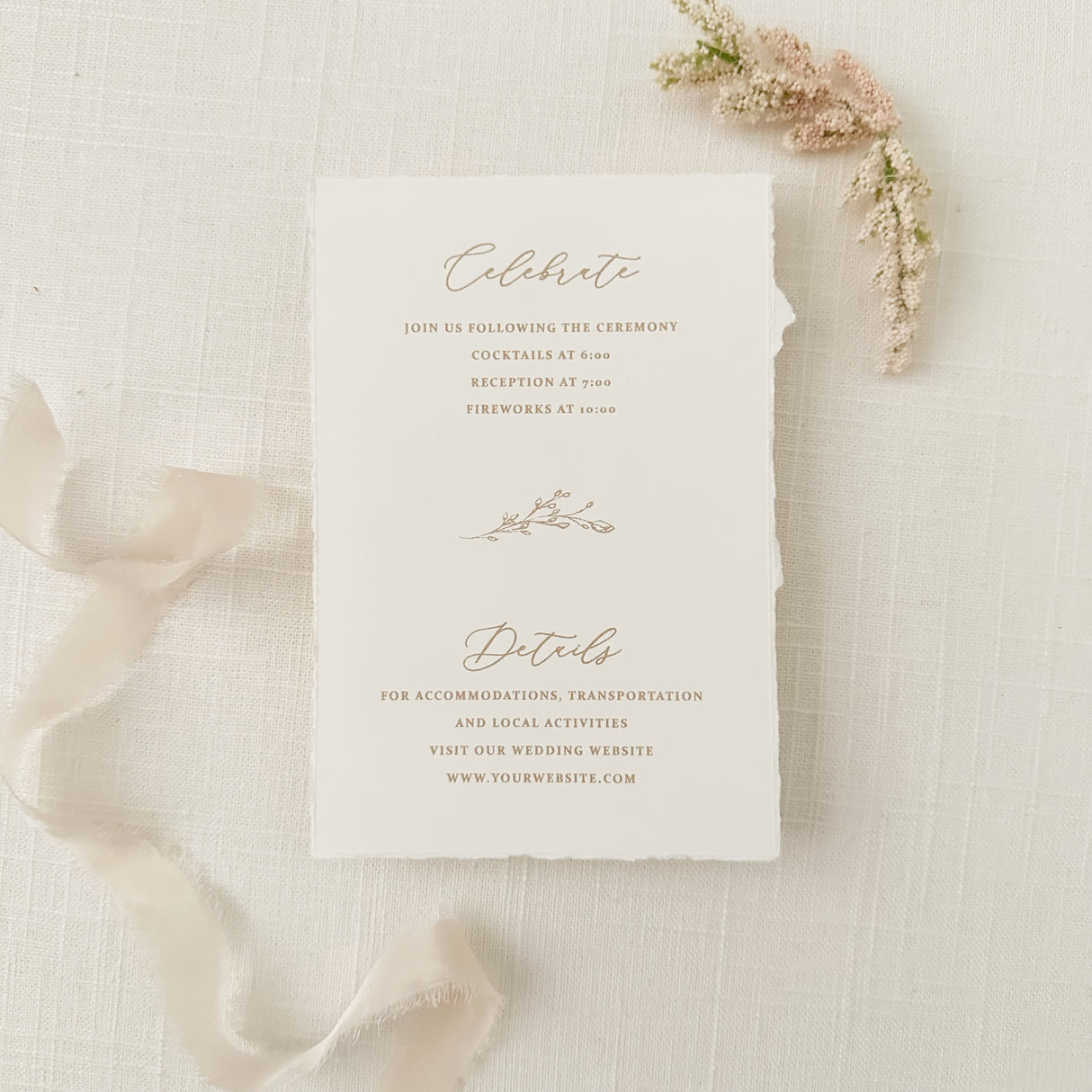 classic gold crest details card with hand torn edges featuring flowing calligraphy and traditional block fonts and gold floral branch accent