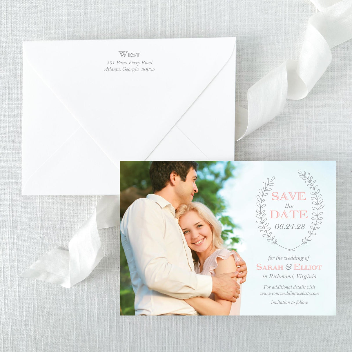 Grey and Blush Laurel Wreath Photo Save the Date