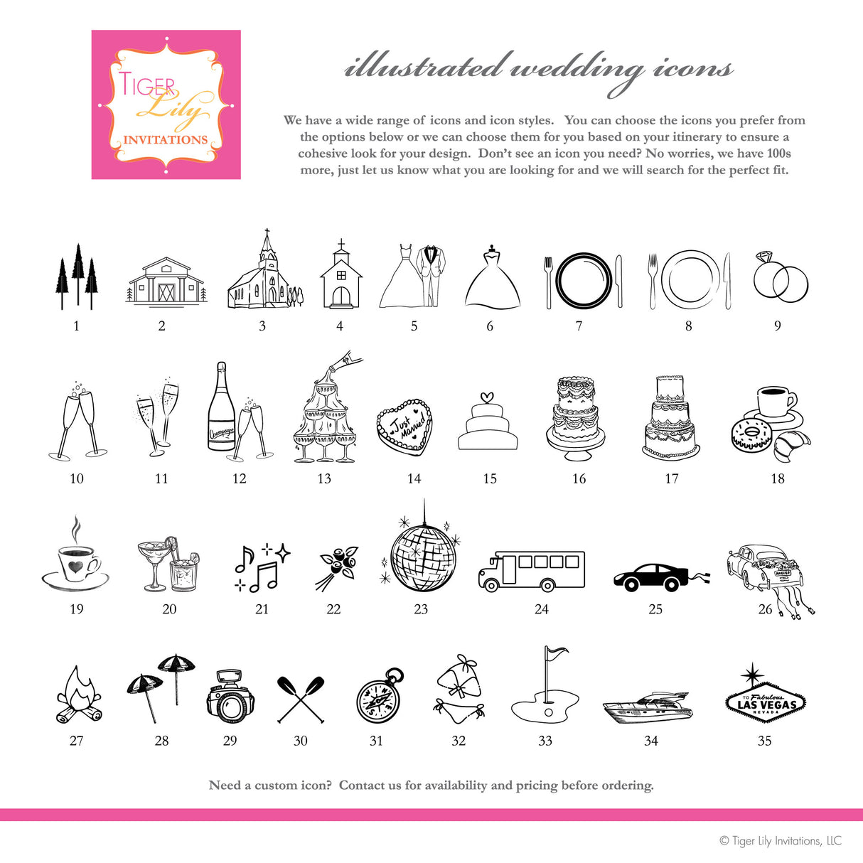 Collection of illustrated wedding icons for itinerary