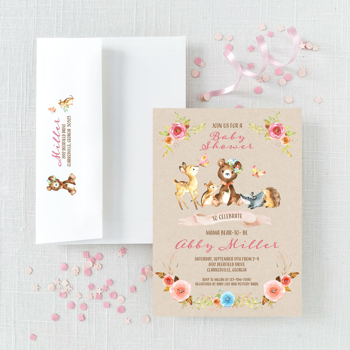 mama bear baby shower invitation with forest animal illustrations and multi colored flowers and envelope with return addressing