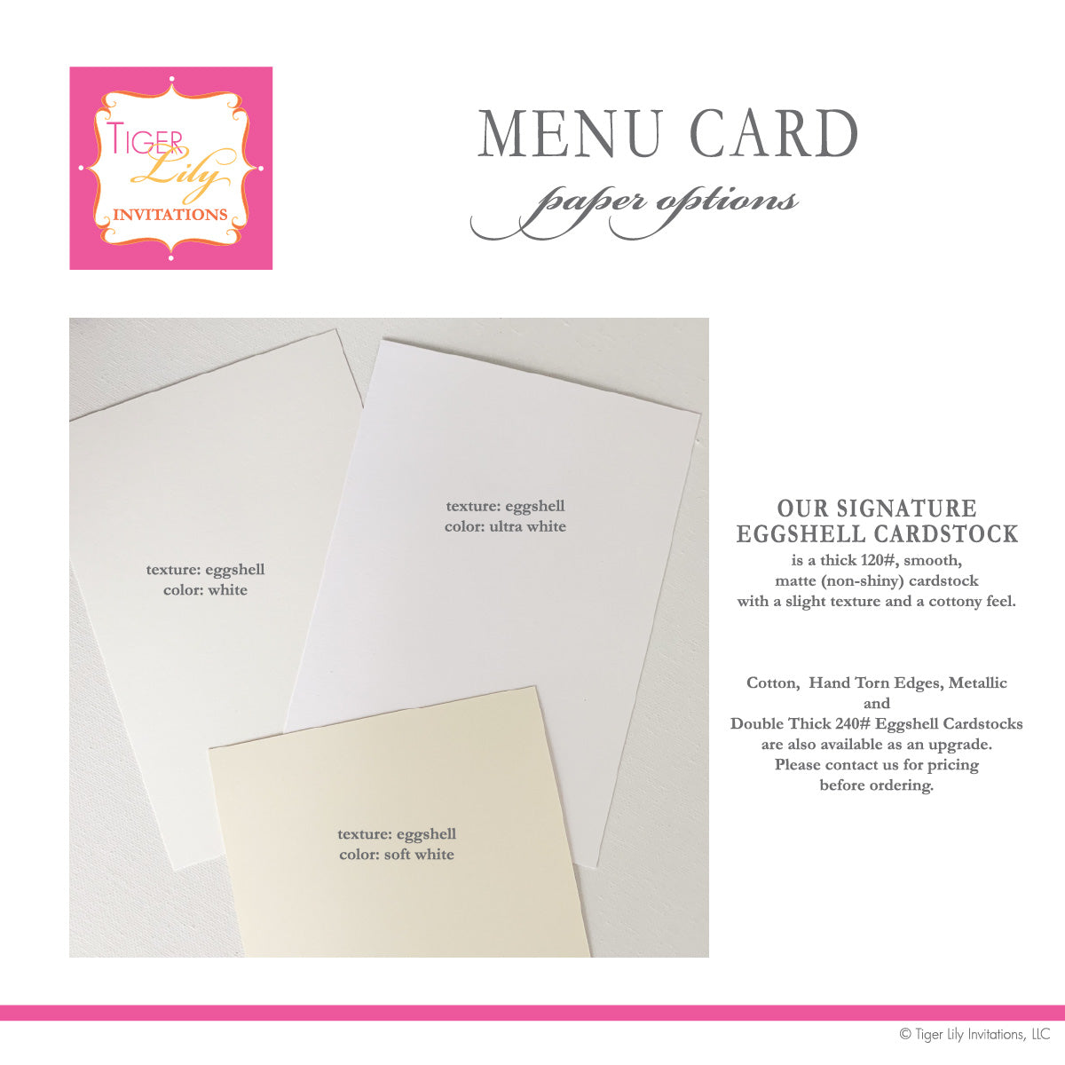 examples of white, ultra white, and soft white eggshell cardstock paper options for menu cards
