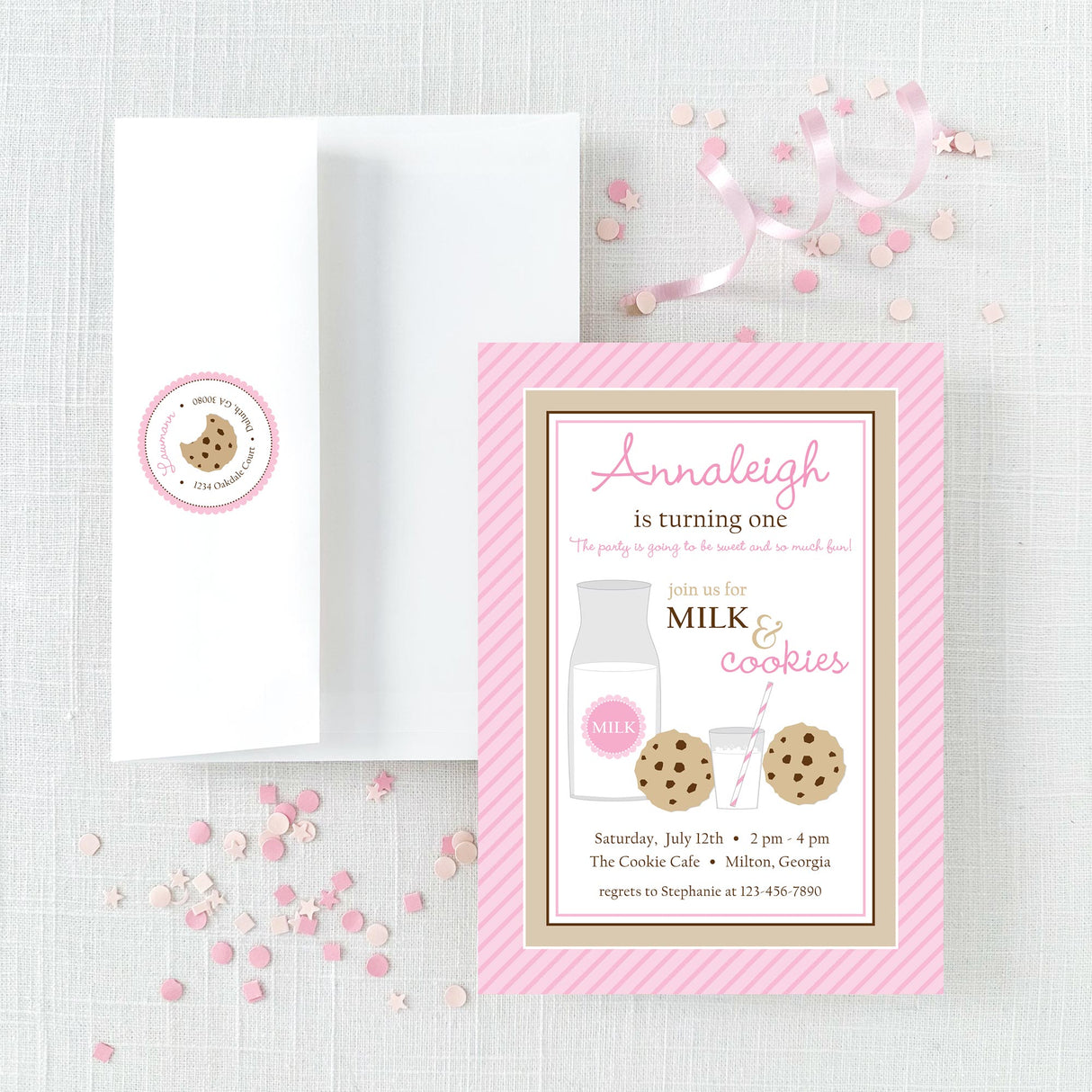 pink invitation for milk and cookies themed party with envelope featuring return address