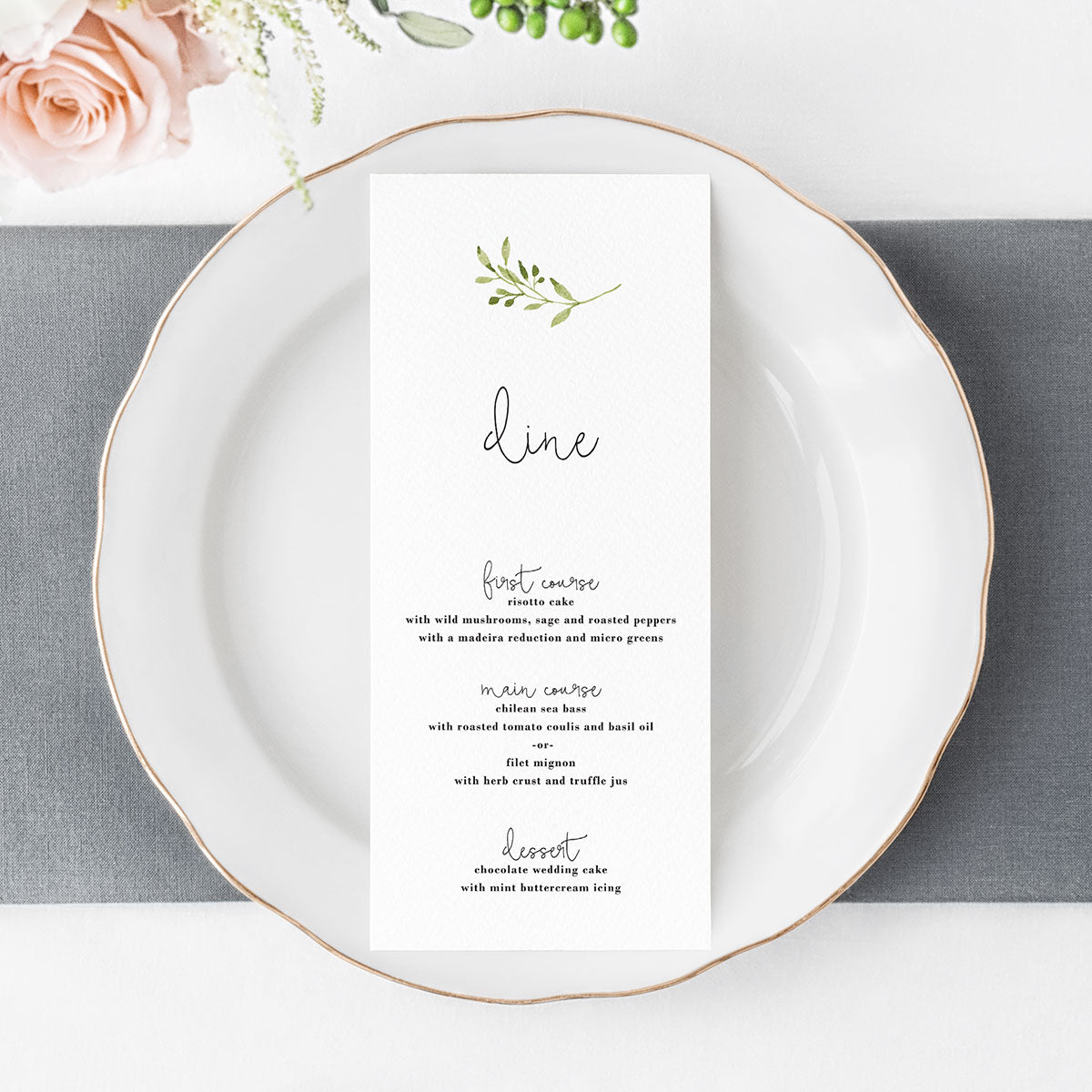 Minimal Greenery Wedding Menu Cards