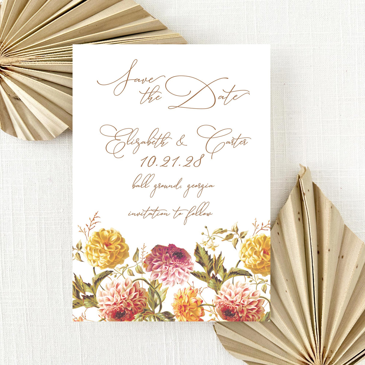 wedding save the date card with pink and yellow dahlia floral design and brown calligraphy font