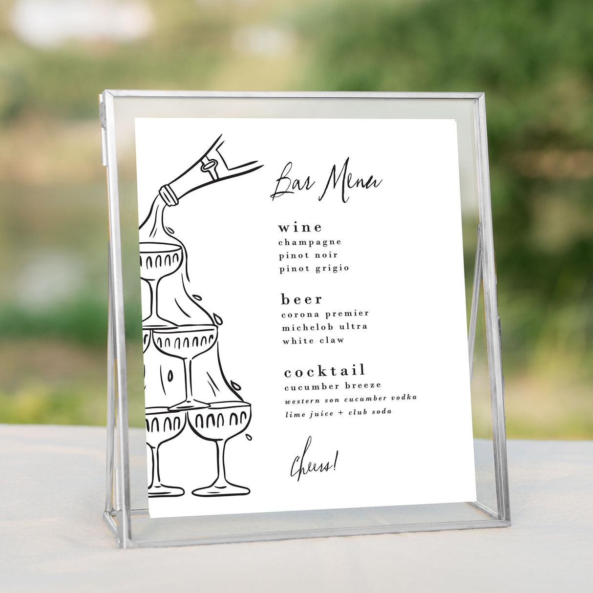bar menu with champagne tower artwork with minimal and modern design printed on white cardstock