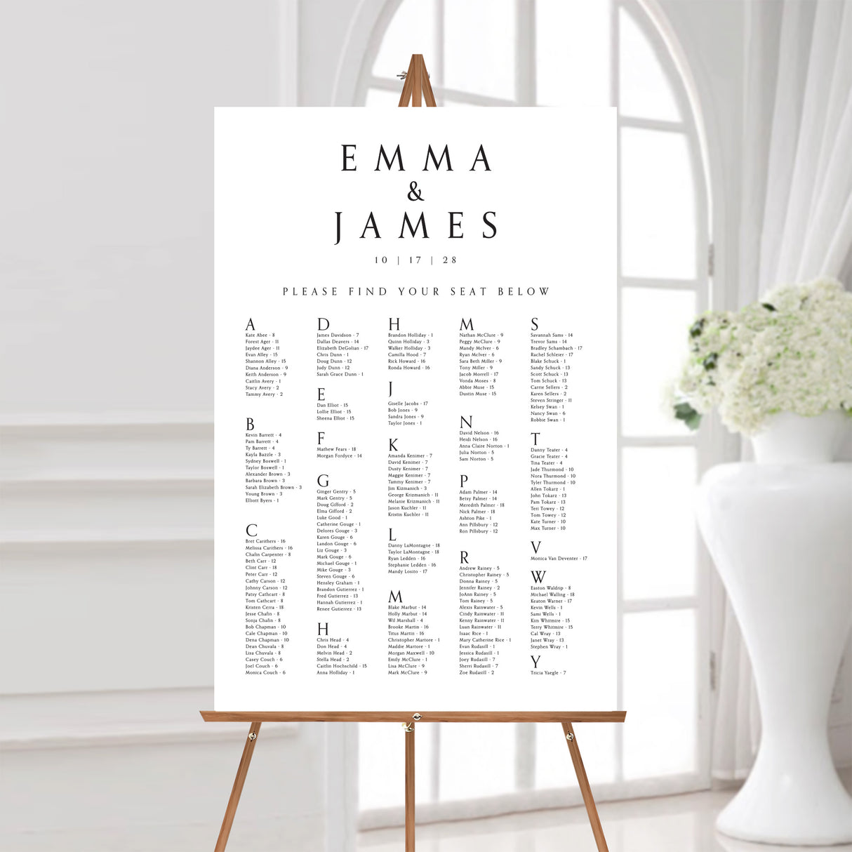 black and white modern wedding seating chart