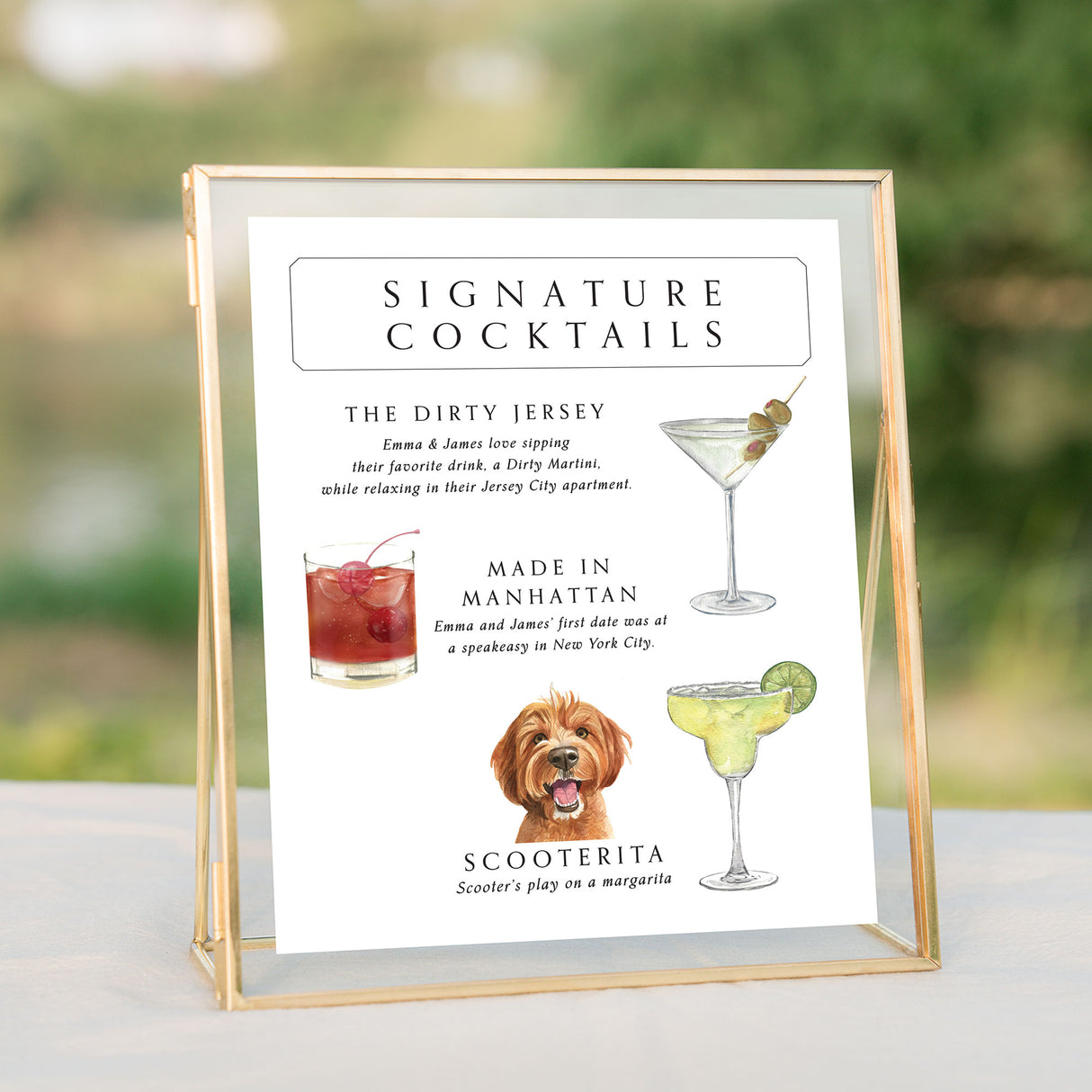 signature drink menu sign featuring a watercolor of your pet and drink choices