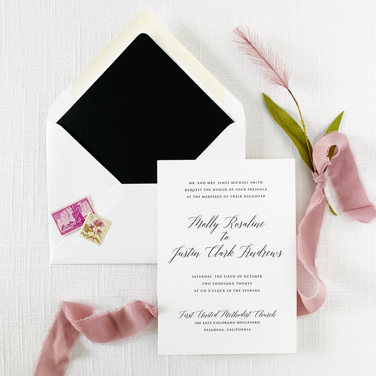 modern classic black and white wedding invitation and envelope with black liner