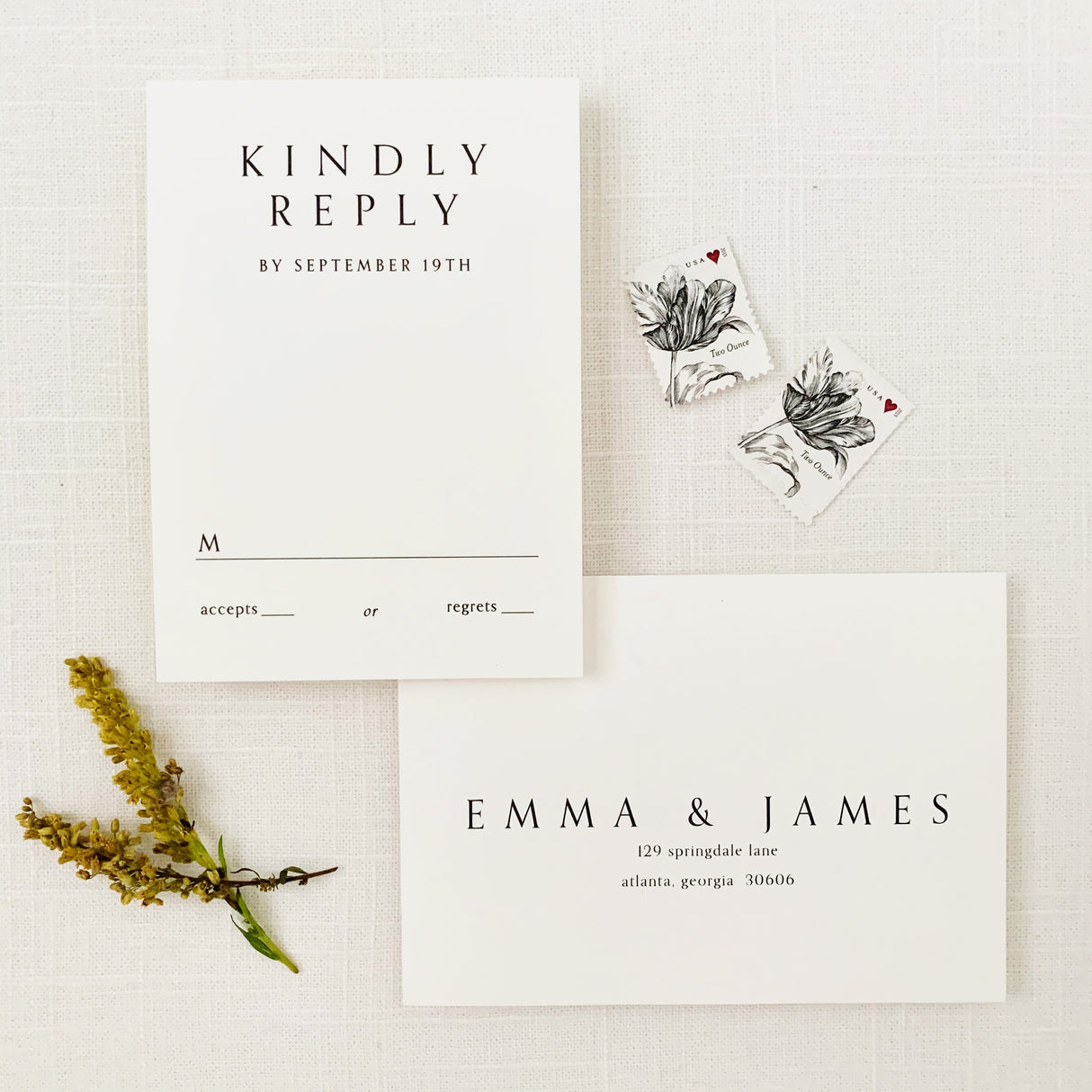 modern and elegant rsvp card and envelope with black block fonts