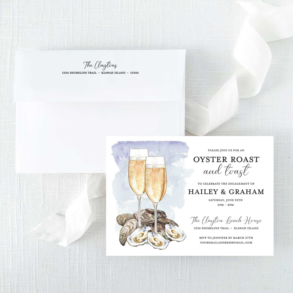 party invitation for an oyster roast and toast celebration featuring watercolor champagne glasses and oysters with square flapped envelope with return addressing