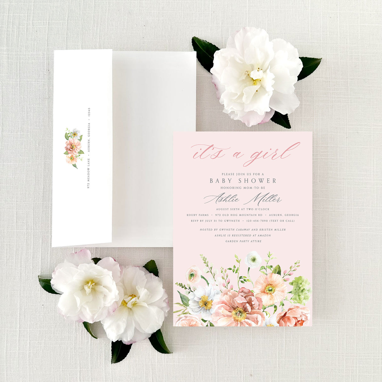 pink floral baby shower invitation and envelope with return addressing