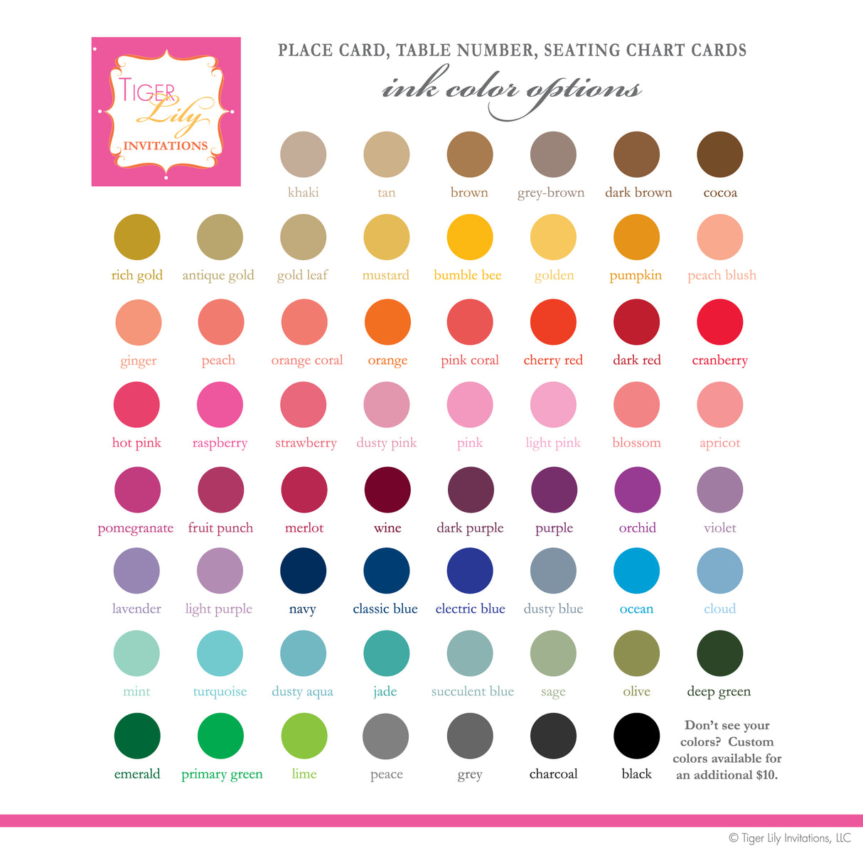 A color chart for displaying a range of ink colors available for customization, including shades of dusty blue, gray, gold leaf, and dusty pink