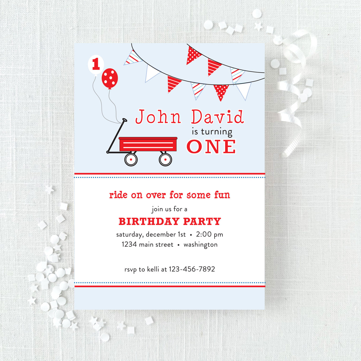 Birthday party invitation with red wagon, bunting, and balloons on a light blue background