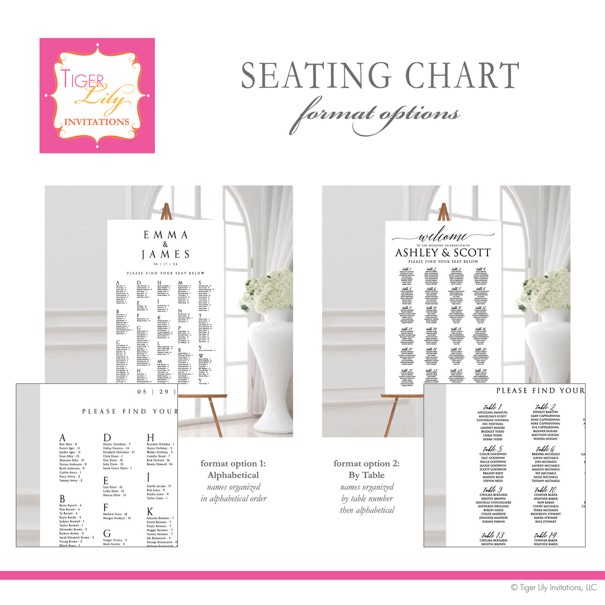 Seating chart format options for wedding welcome signs