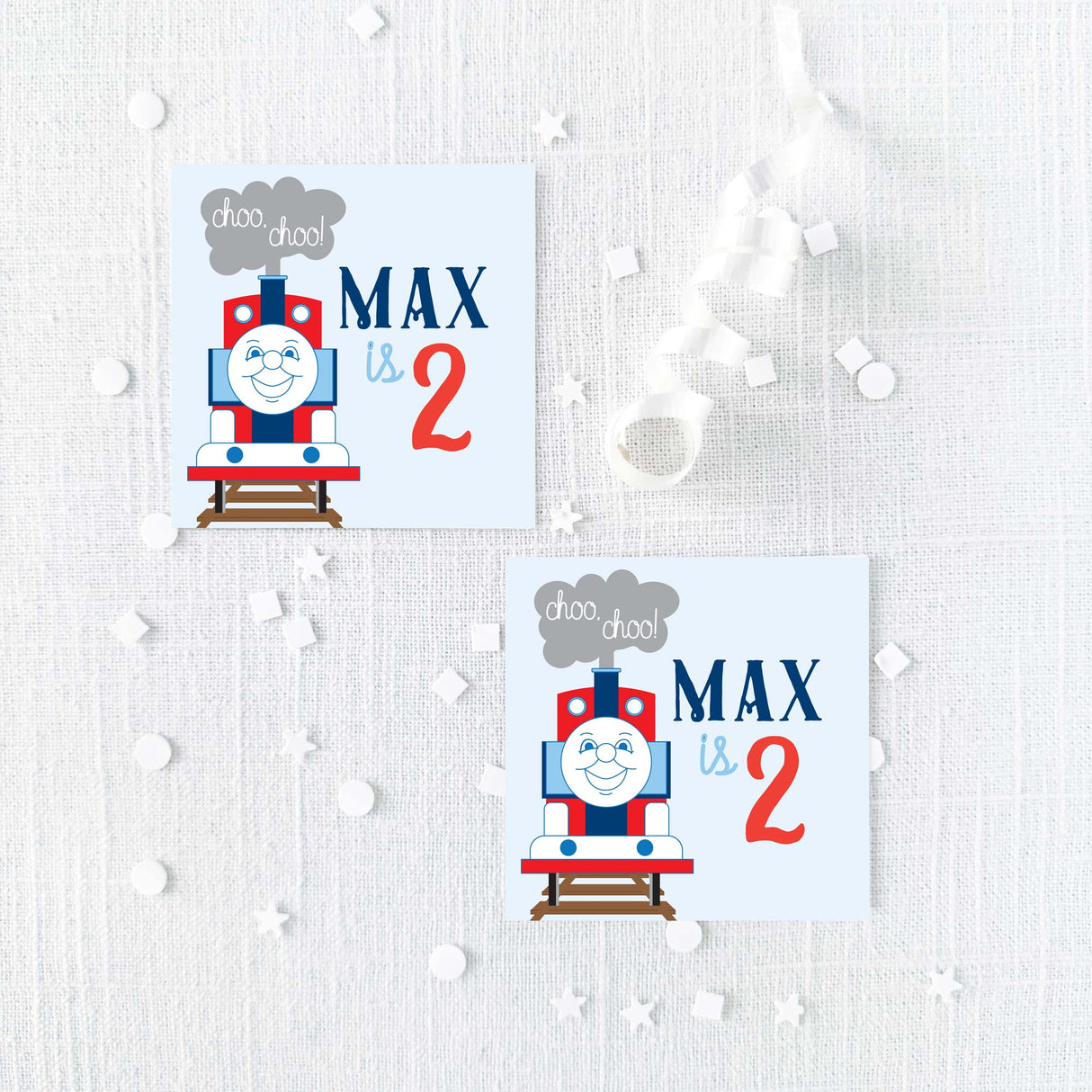 birthday sticker with blue and red train design