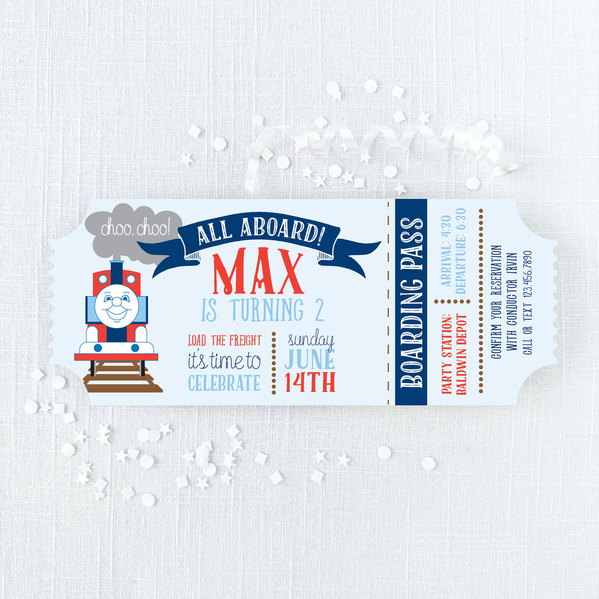 Train ticket birthday invitations that look like tickets printed in blue, navy and red colors on cardstock.