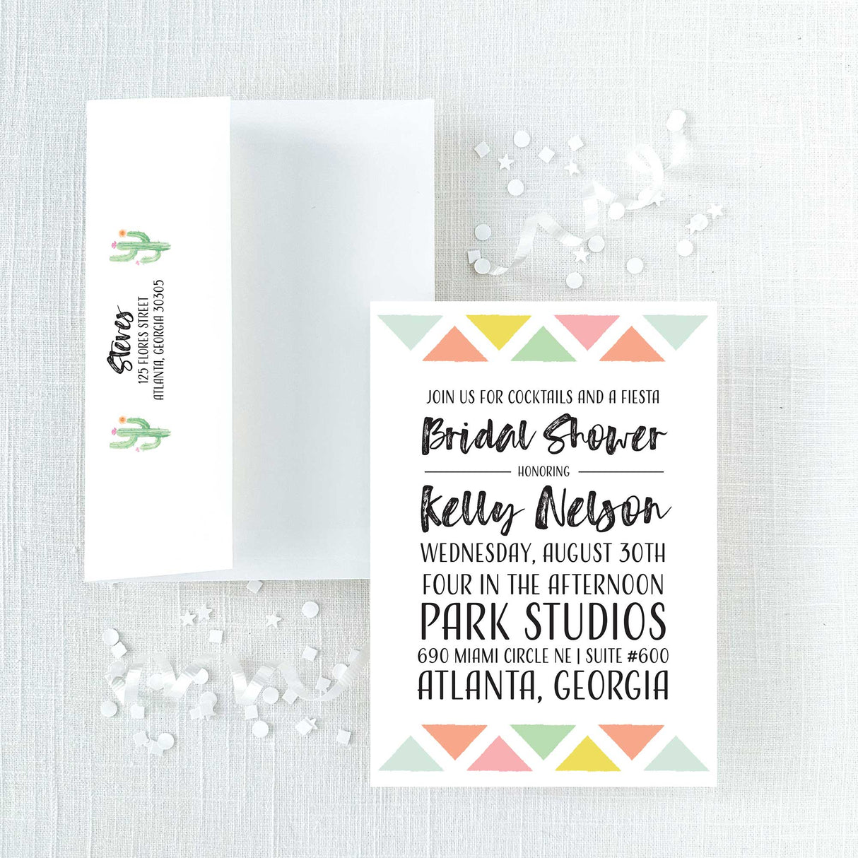 Bridal shower invitation with colorful geometric design and envelope with cactus design