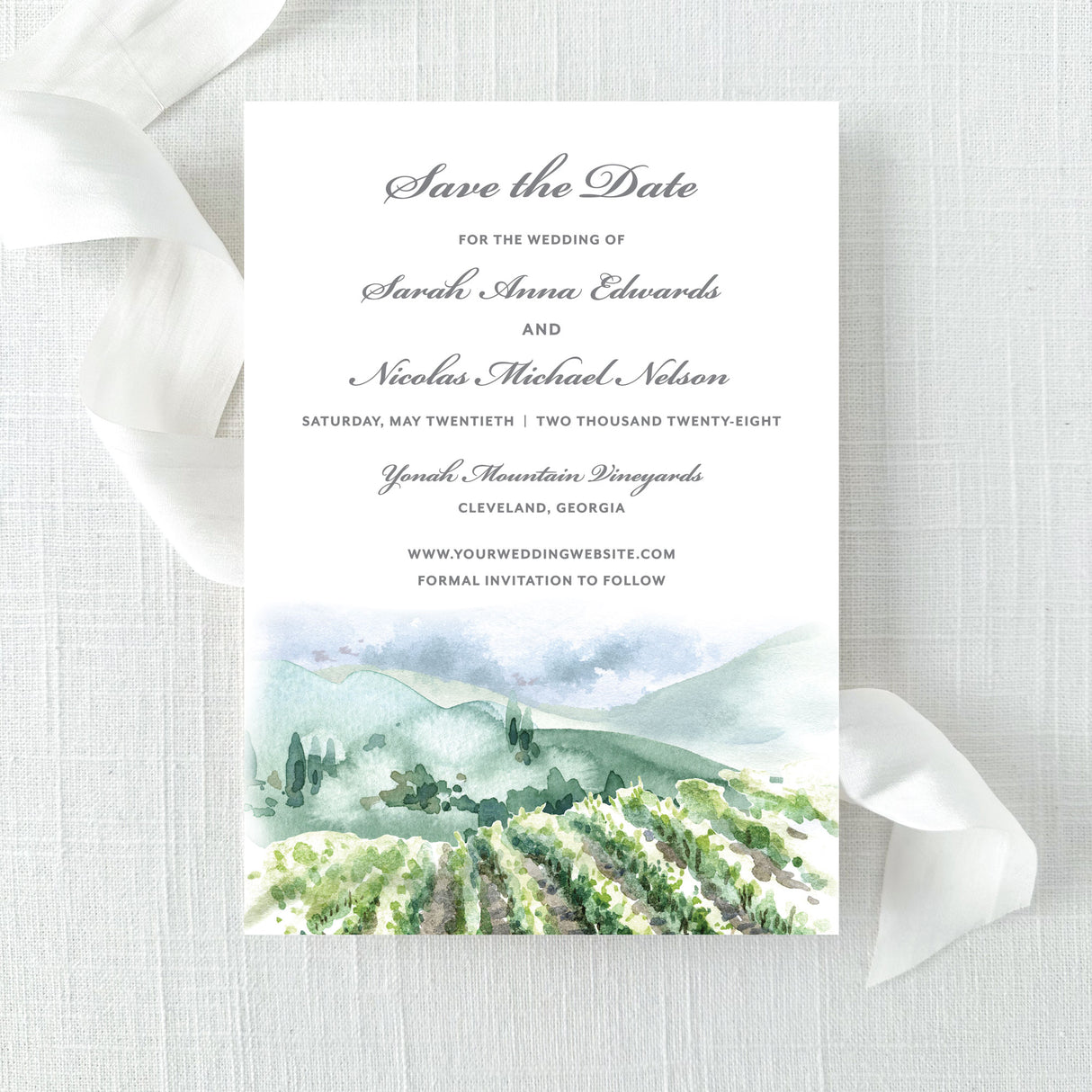 Wedding save the date card with vineyard landscape watercolor design classic grey font printed on white cardstock