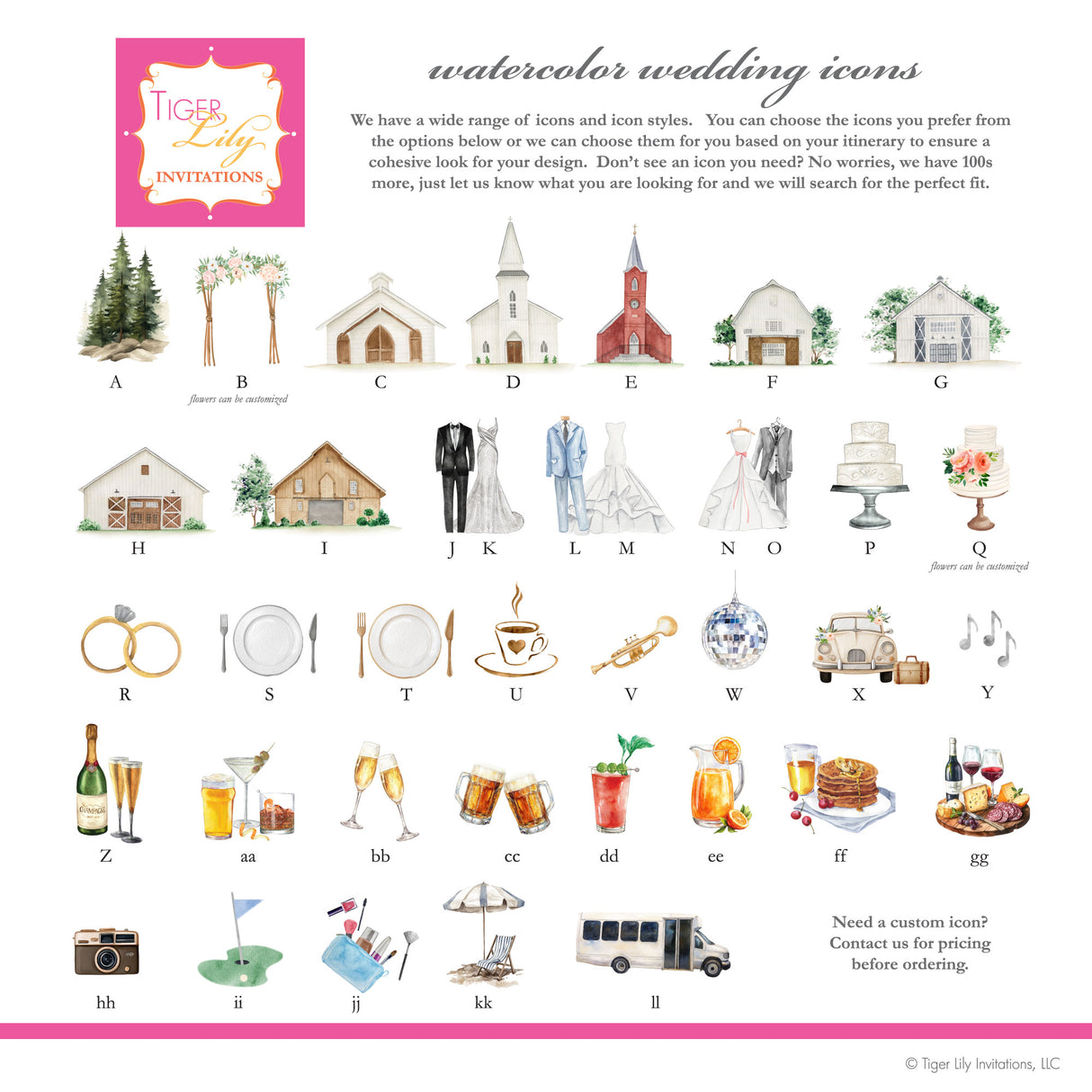 Collection of watercolor wedding icons for itinerary