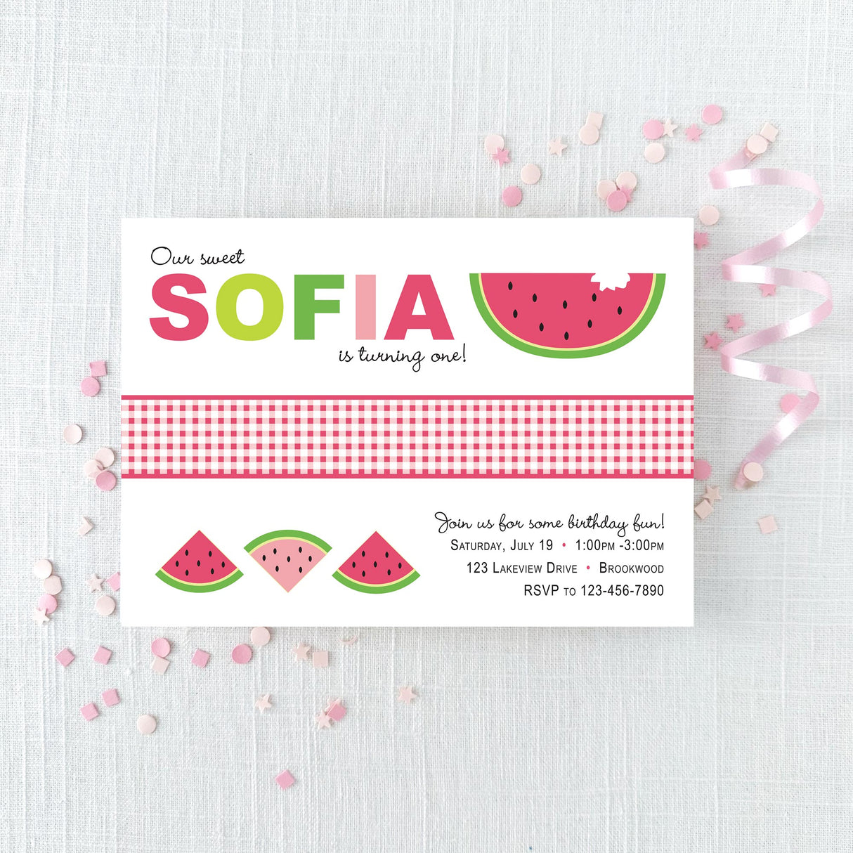 pink and green birthday invitation featuring a watermelon design and a gingham pattern