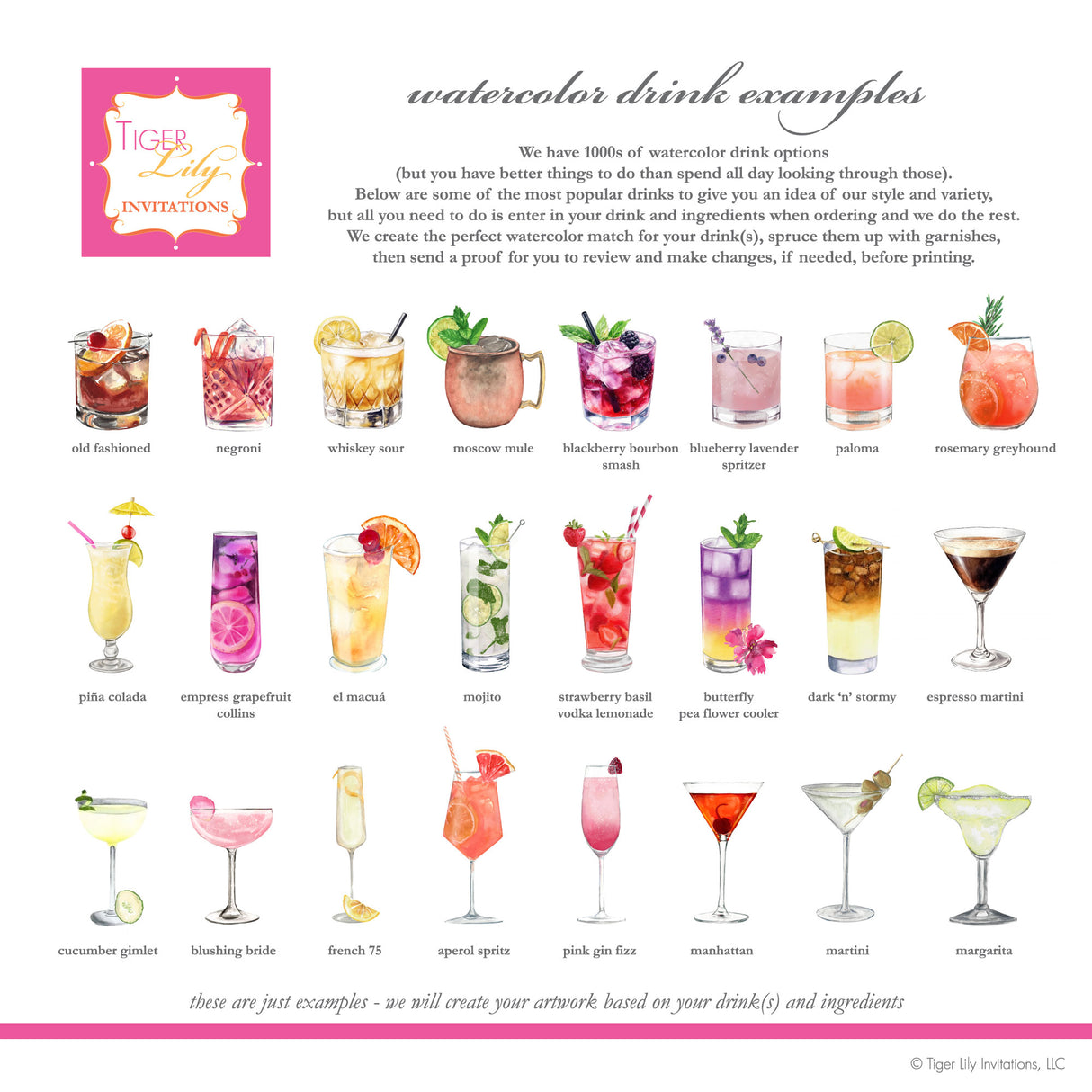 chart of watercolor cocktails to show examples for drink menu