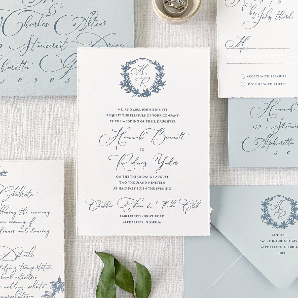Dusty Blue Crest Wedding Invitation - Sample Set