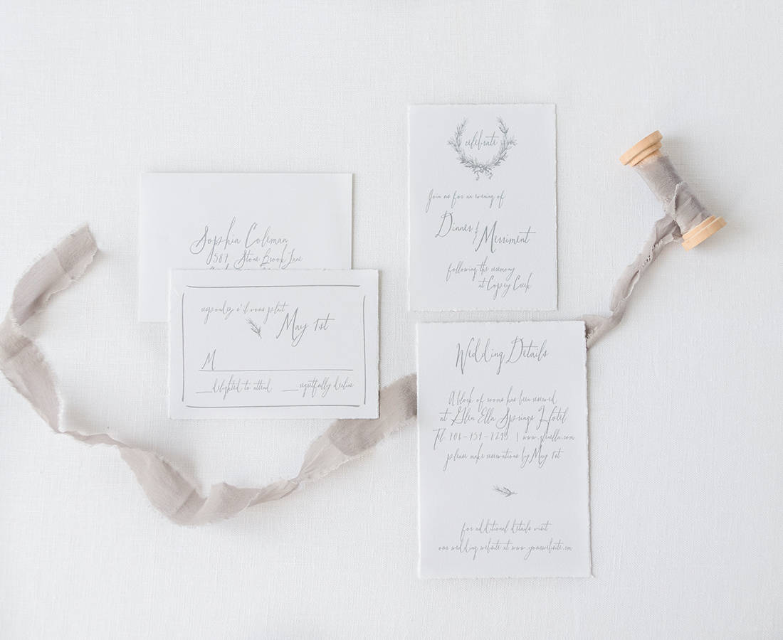 fine art wedding invitation details card and rsvp cards with handtorn edges and gray ribbon