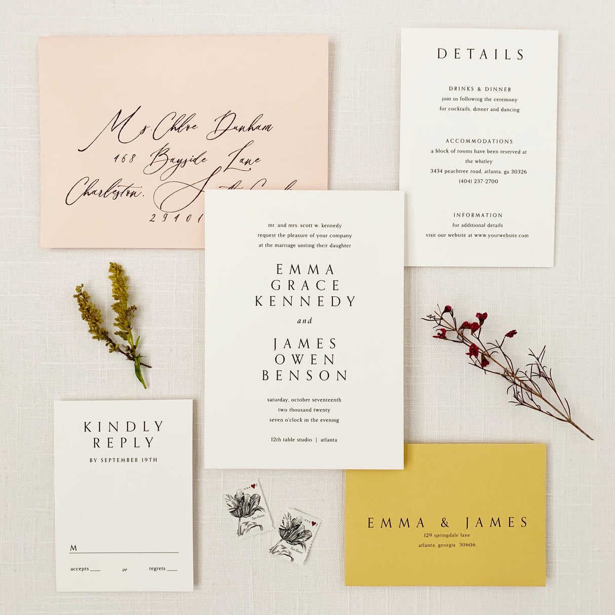 elegant modern wedding invitation with blush pink envelopes and RSVP card with mustard yellow envelope