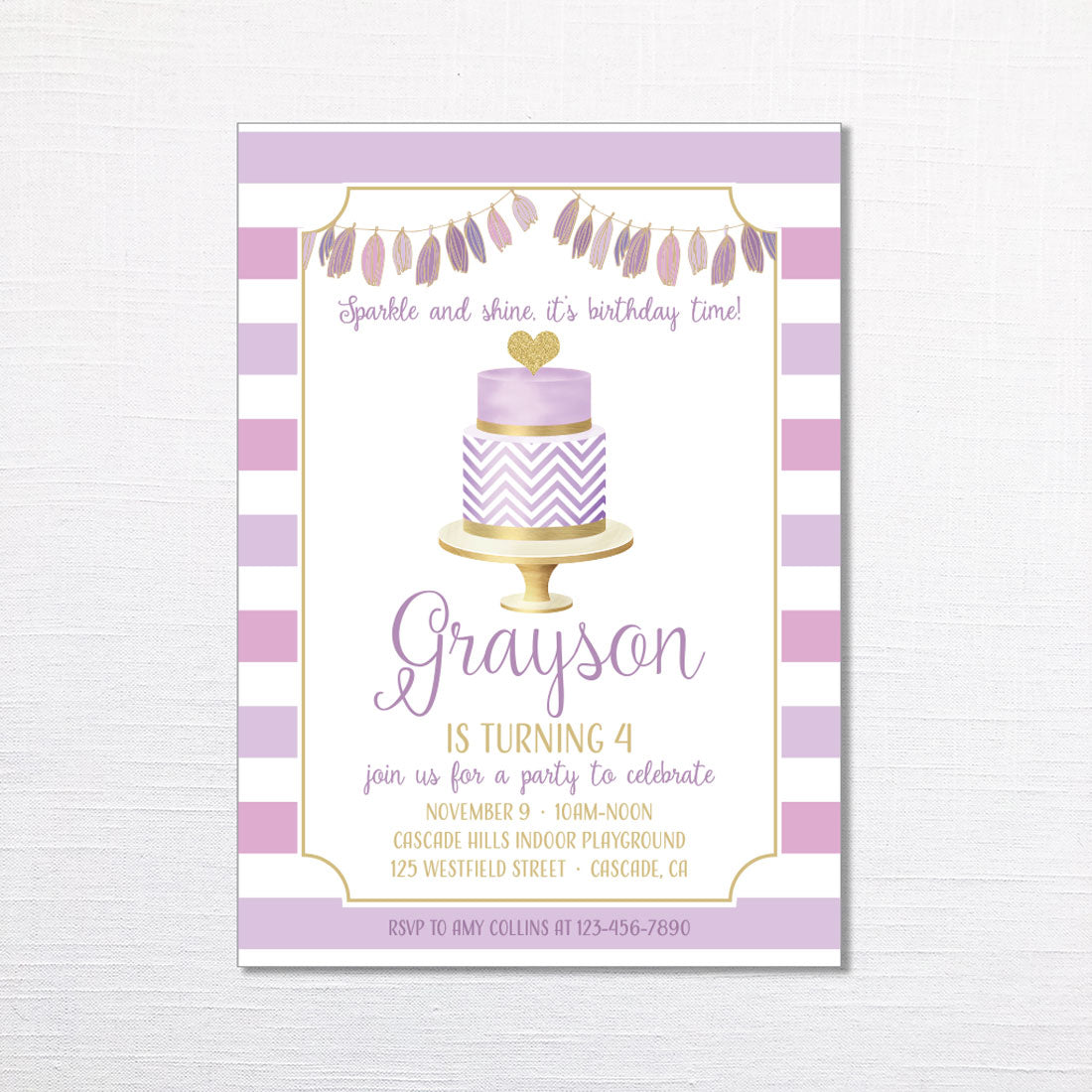 purple and gold birthday invitation featuring purple and gold birthday cake, tassel garland, and striped background printed on white cardstock